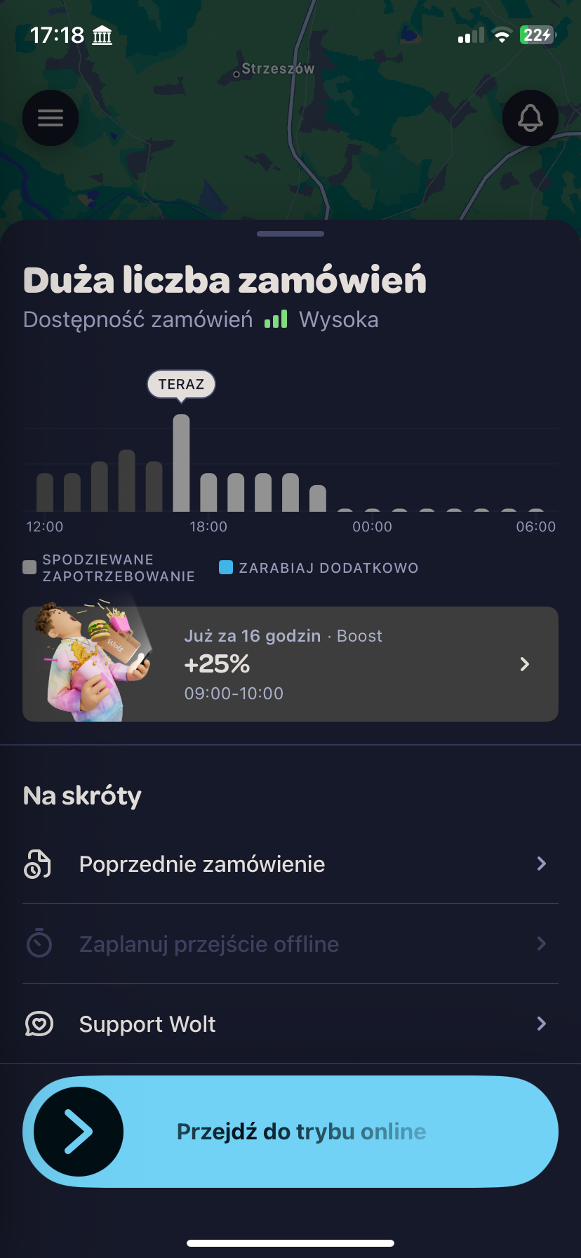 Prognoza zamówień Wolt w aplikacji kuriera: wykres godzinowy i Boost +25% w godzinach 09:00-10:00
