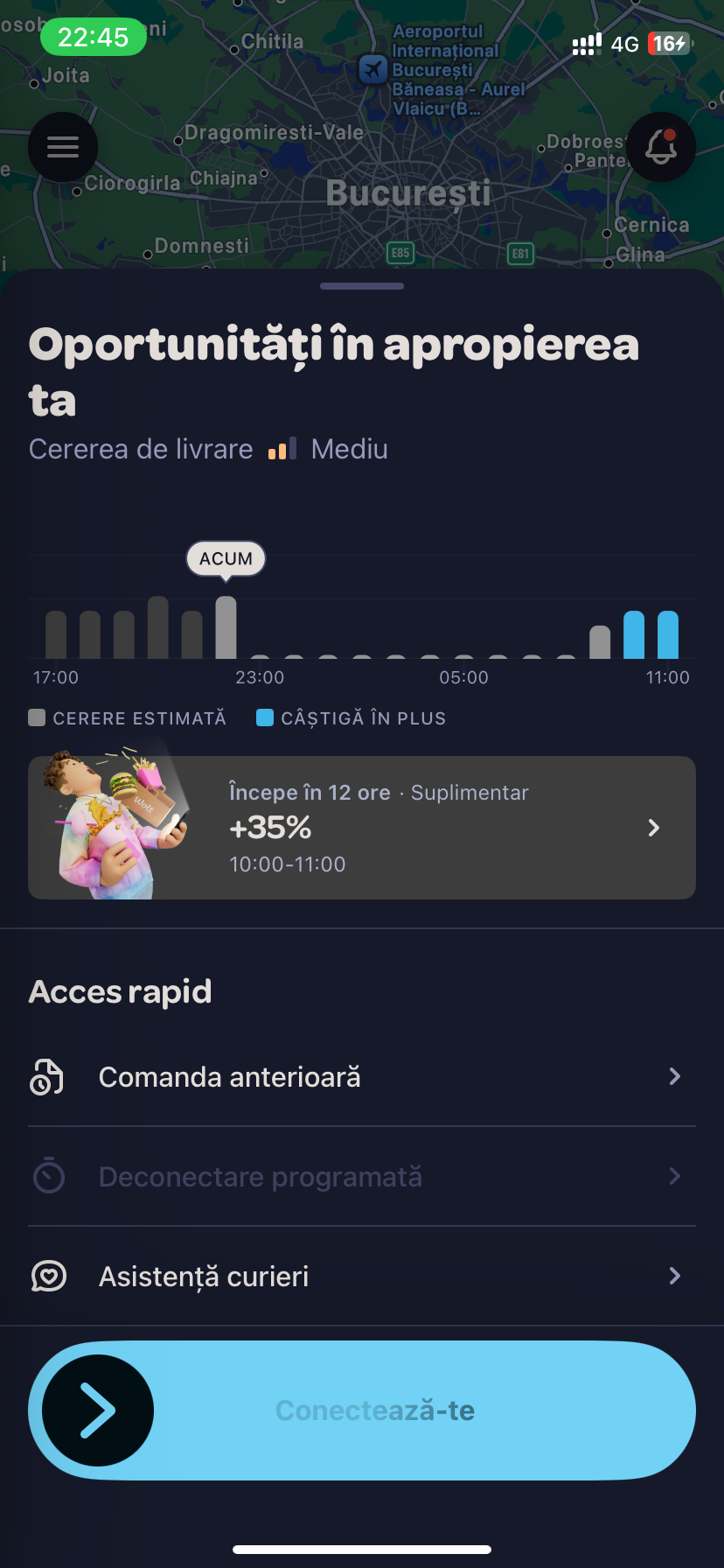 Wolt Partner App în România: ecranul principal cu prognoza cererii, Boost și glisorul de conectare